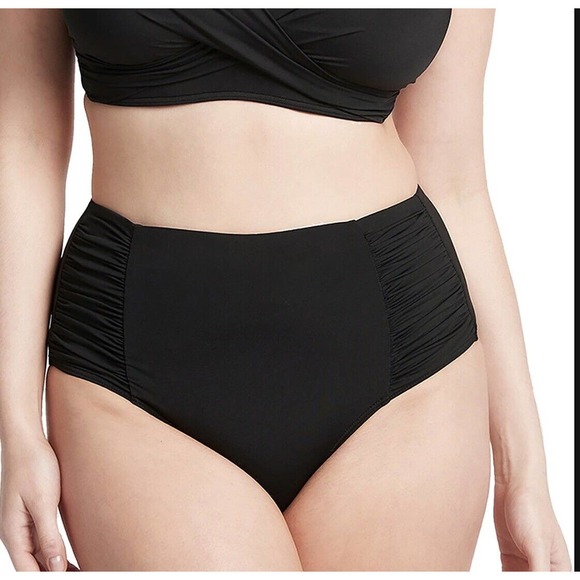 Sea Level High Waisted Ruched Bikini Bottoms in Black Retro Pinup Size 12